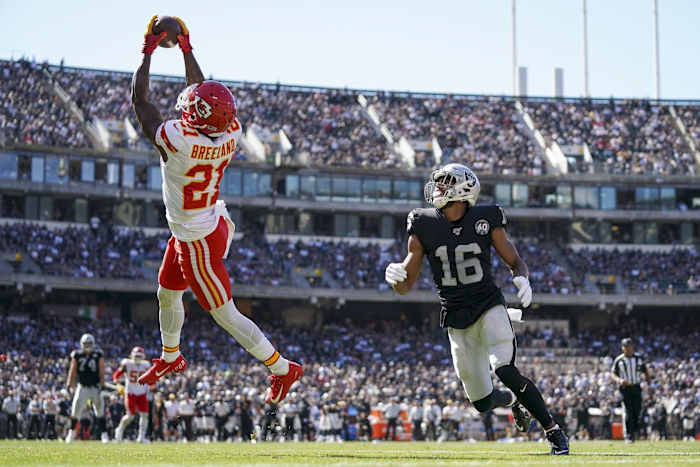 September 15, 2019; Chiefs cornerback Bashaud Breeland (21) intercepts the football against Oakland receiver Tyrell Williams (16). Mandatory Credit: Kyle Terada-USA TODAY